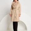 Cappotto lungo con cintura e collo in ecopelliccia
