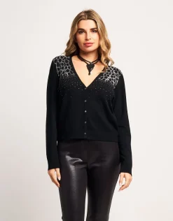 Cardigan con strass animalier sulle spalle