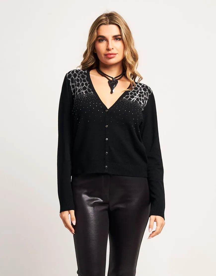 Cardigan con strass animalier sulle spalle
