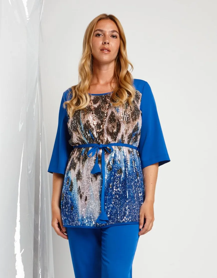 Casacca lunga con cinturino e paillettes animalier