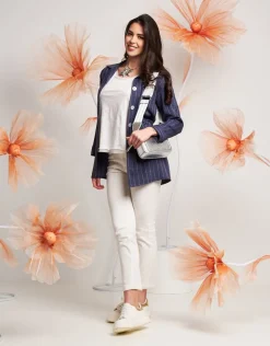 Giacca camicia in denim gessato