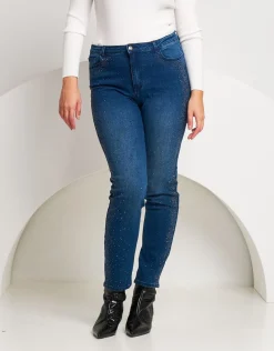 Jeans 5 tasche con strass bicolore