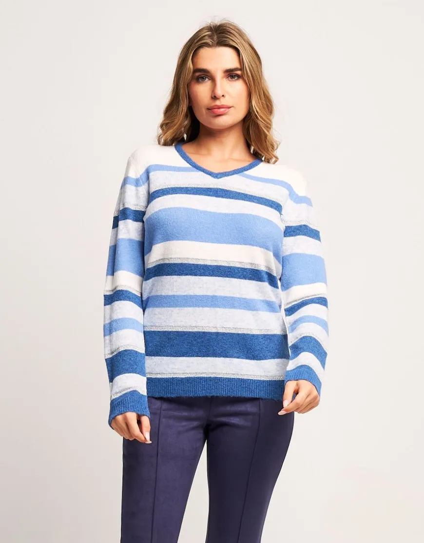 Maglia a righe con lurex e scollo a V