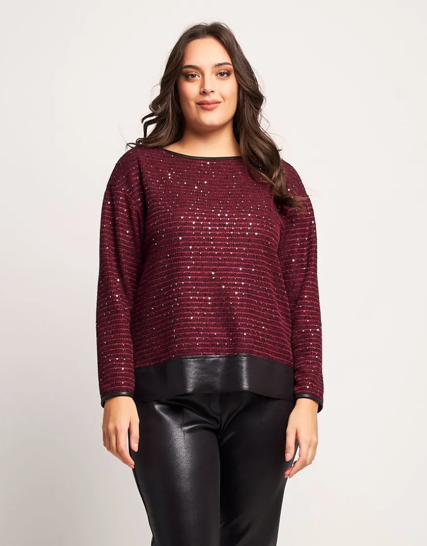 Maglia con paillettes e dettagli in ecopelle