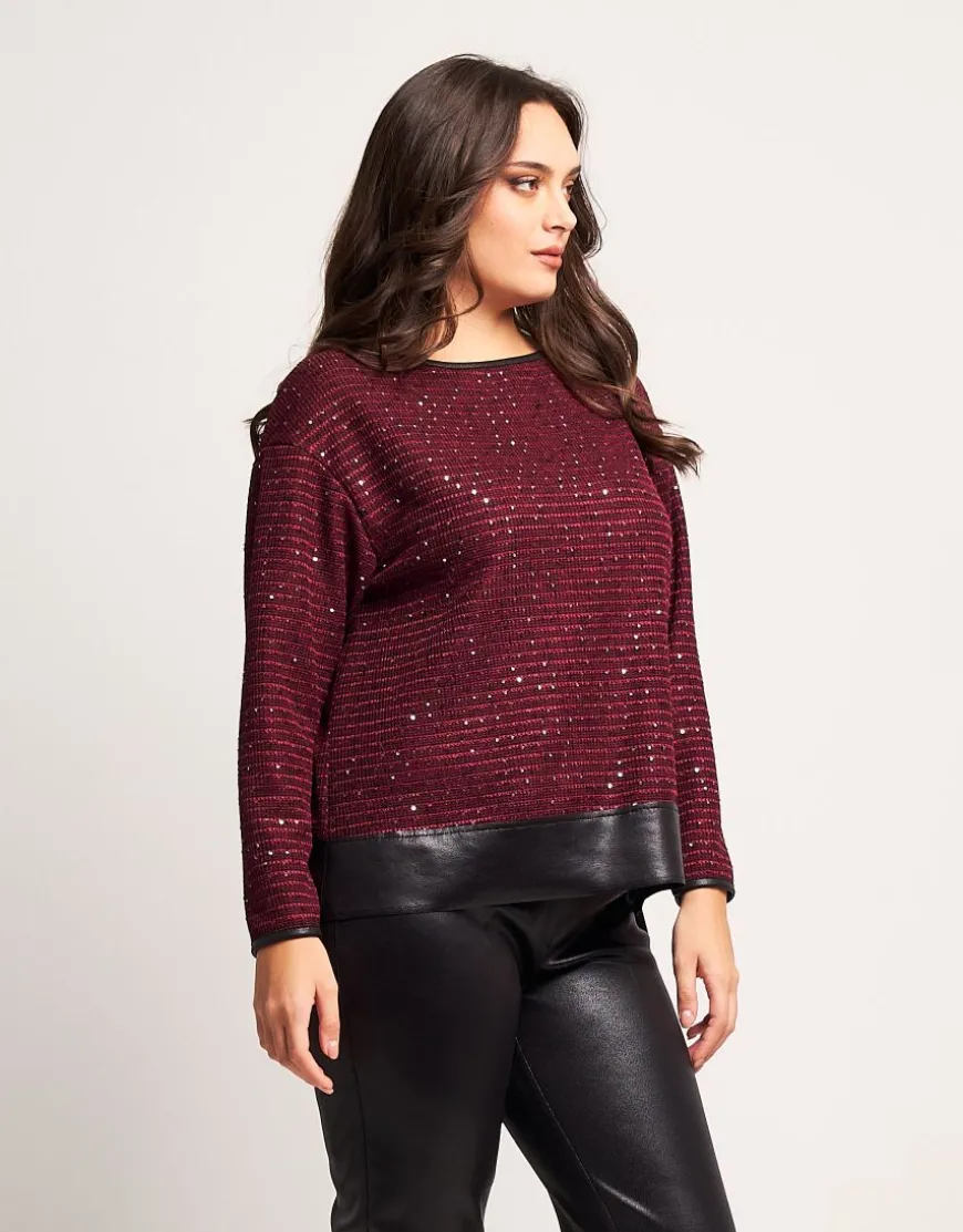 Maglia con paillettes e dettagli in ecopelle