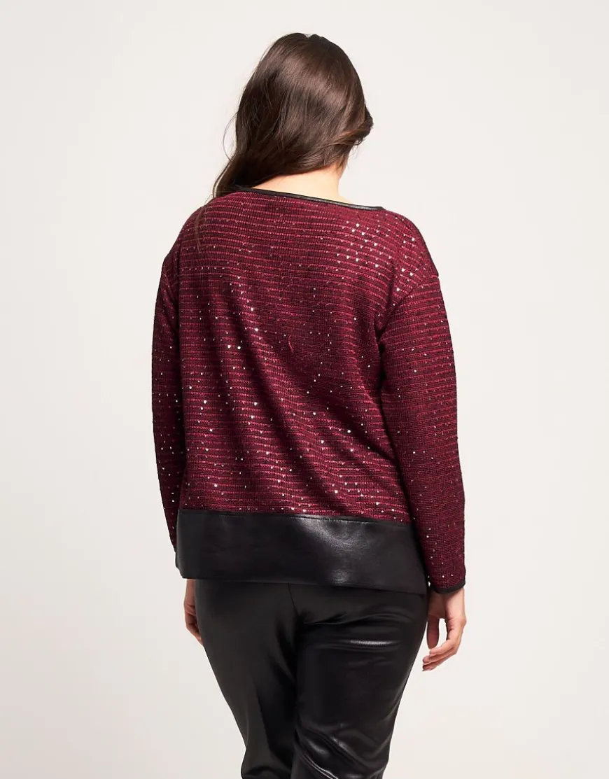 Maglia con paillettes e dettagli in ecopelle