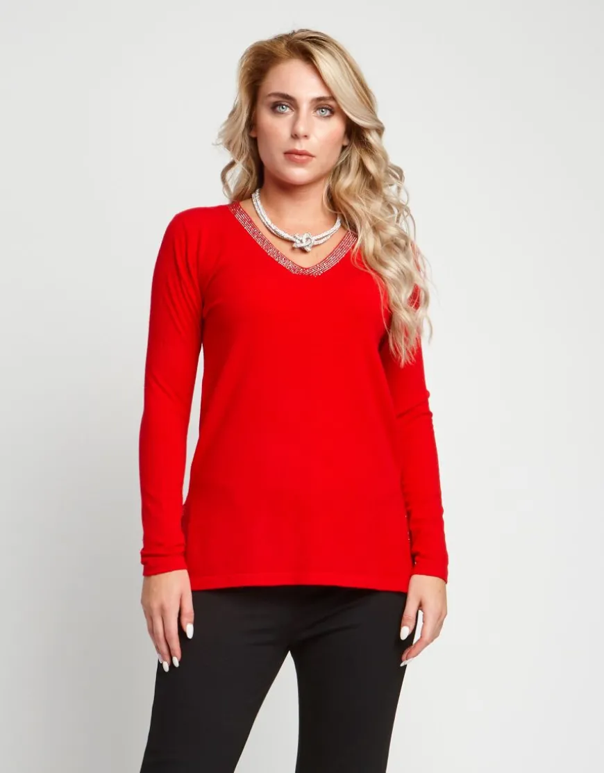 Maglia con strass su scollo