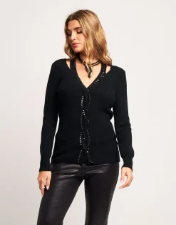 Maglia con treccia con diamanti e paillettes