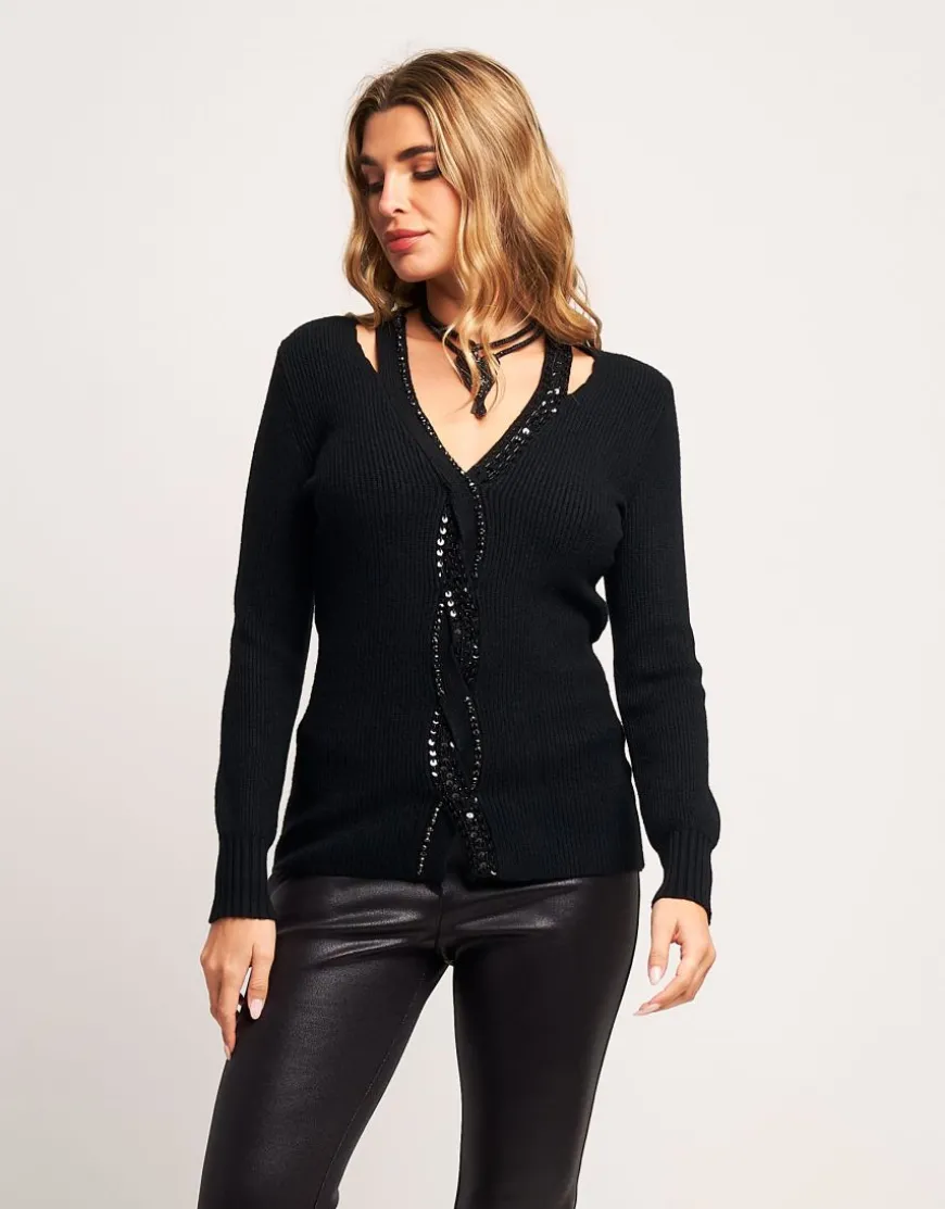 Maglia con treccia con diamanti e paillettes