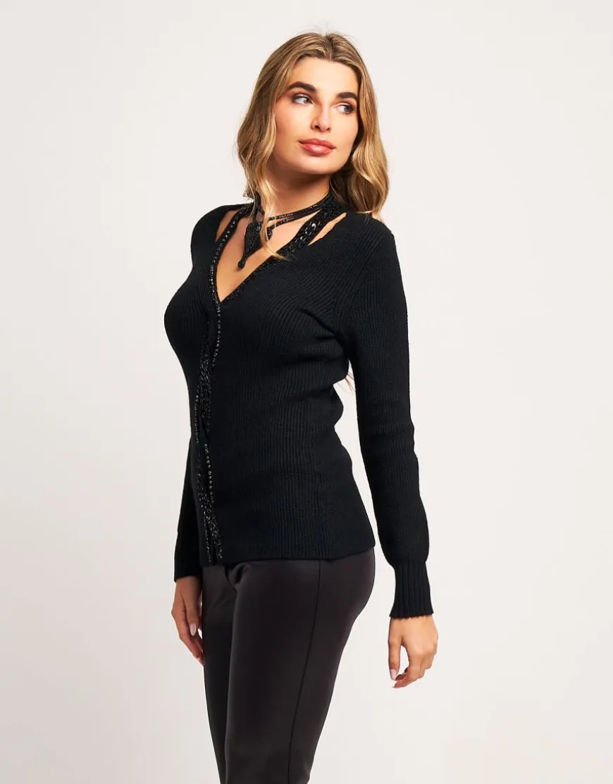 Maglia con treccia con diamanti e paillettes