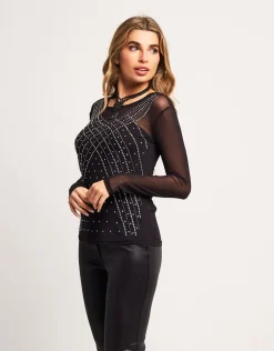 Maglia in tulle con strass e canotta