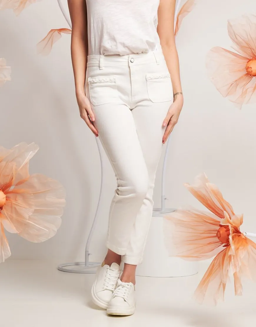 Pantalone in cotone con perle sui taschini