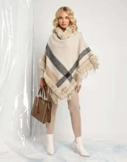 Poncho con ecopelliccia e frange