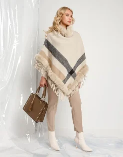 Poncho con ecopelliccia e frange