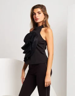 Top con fiore in taffetà e spacco