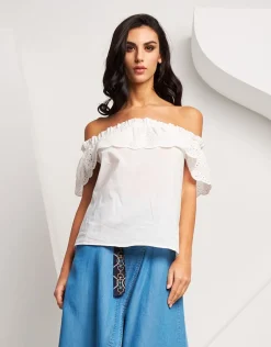 Top in cotone con pizzo sangallo