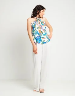 Top in viscosa fantasia con scollo all'americana