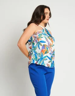 Top in viscosa fantasia con scollo all'americana