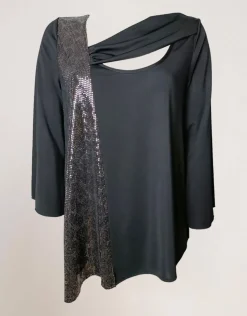 T-shirt asimmetrica con drappeggio e paillettes