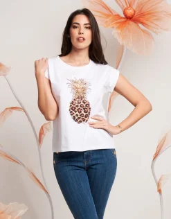 T-shirt con stampa ananas e strass