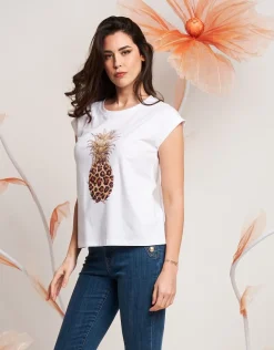T-shirt con stampa ananas e strass