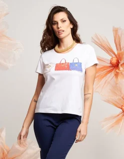 T-shirt con stampa borse e strass