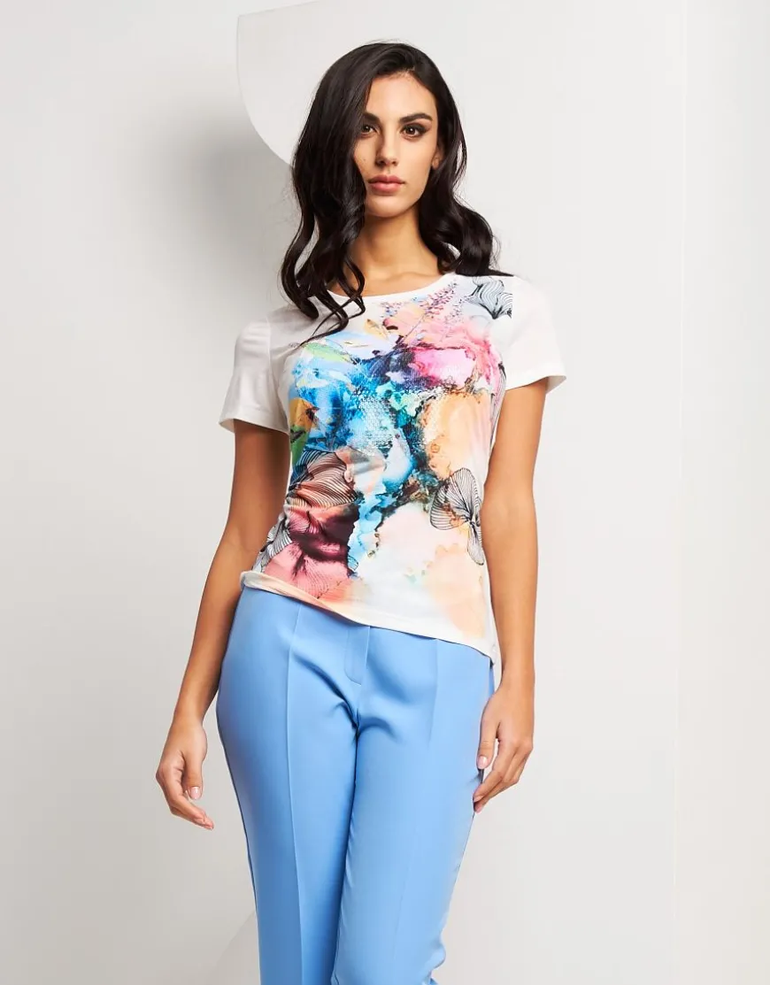 T-shirt stampata con patch di paillettes