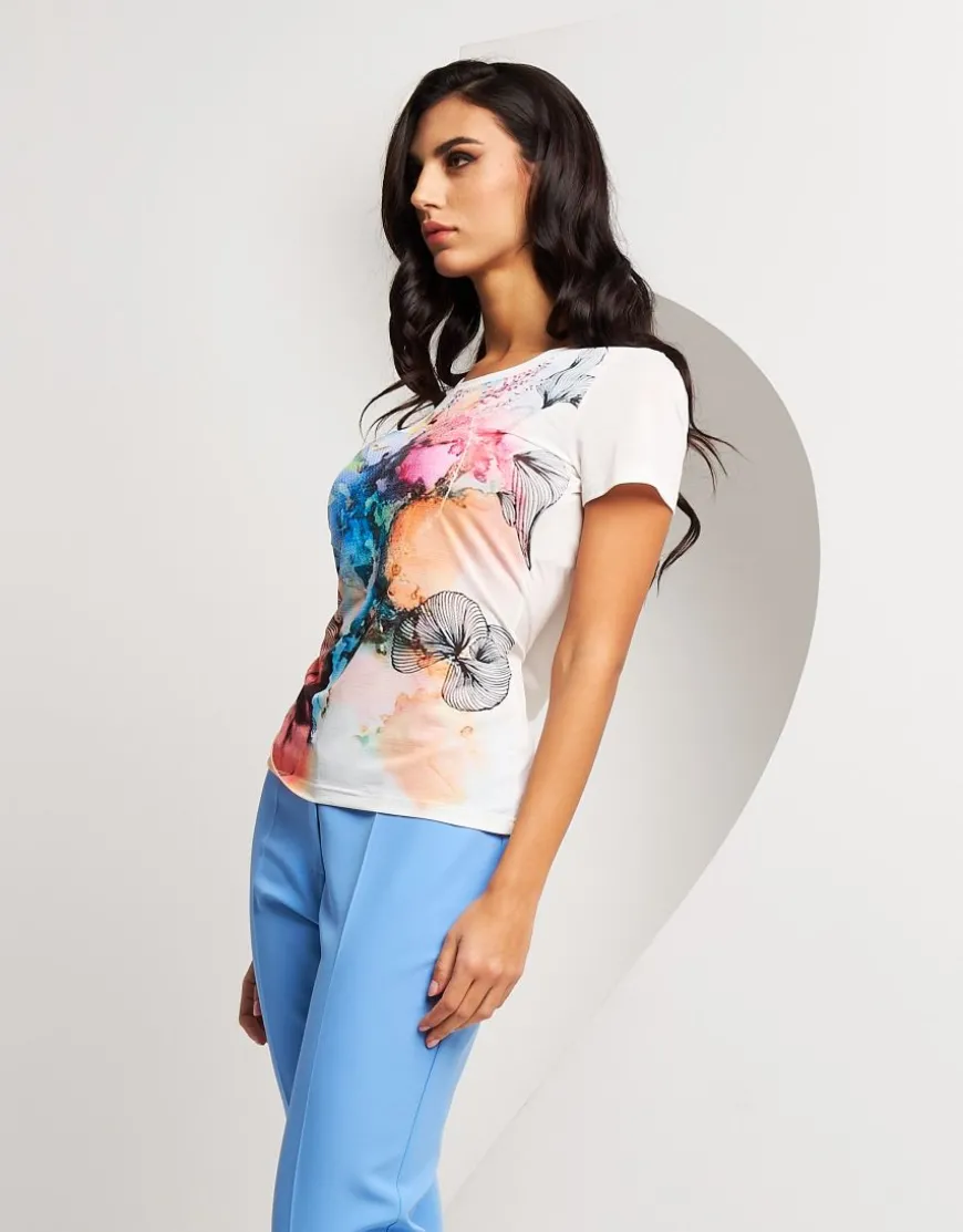 T-shirt stampata con patch di paillettes