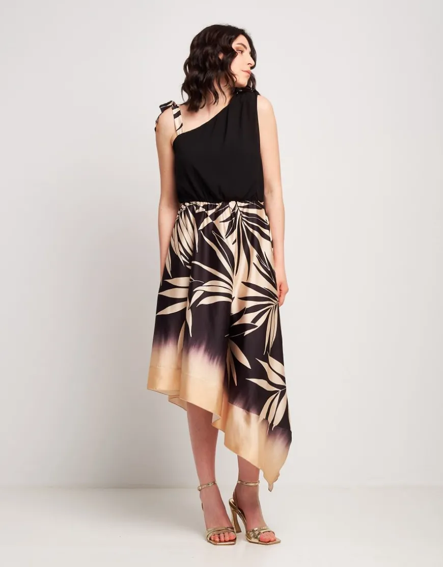 Vestito asimmetrico fantasia foglie