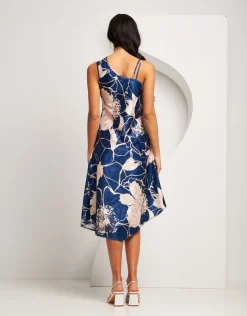 Vestito asimmetrico in raso fantasia