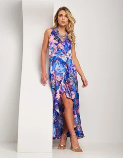 Vestito in raso fantasia con volant e catena