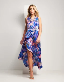 Vestito in raso fantasia con volant e catena