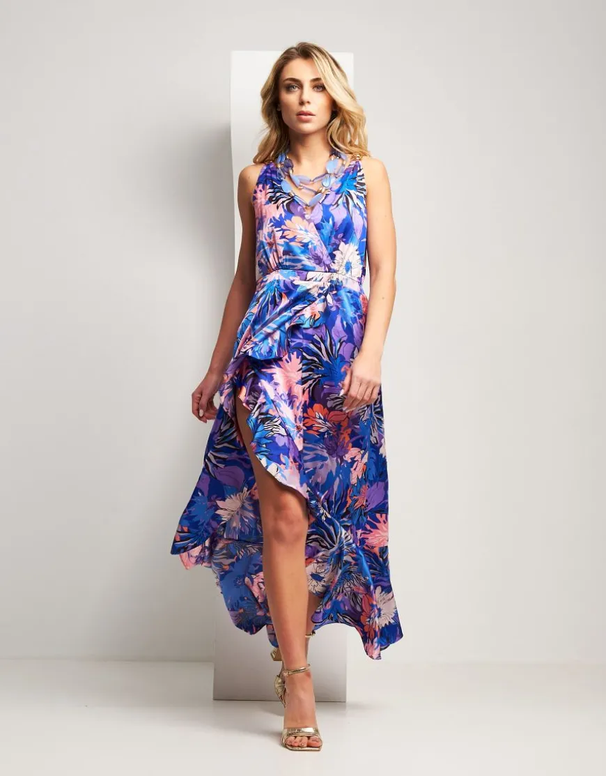Vestito in raso fantasia con volant e catena