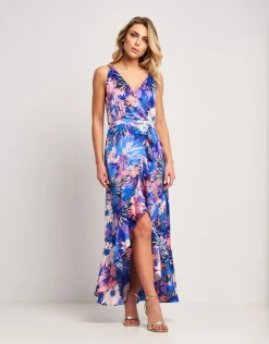 Vestito in raso fantasia con volant e catena