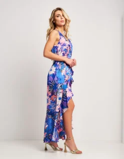 Vestito in raso fantasia con volant e catena