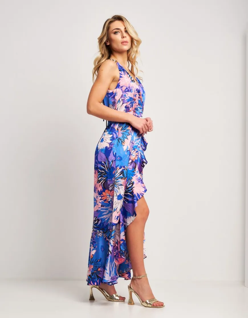 Vestito in raso fantasia con volant e catena