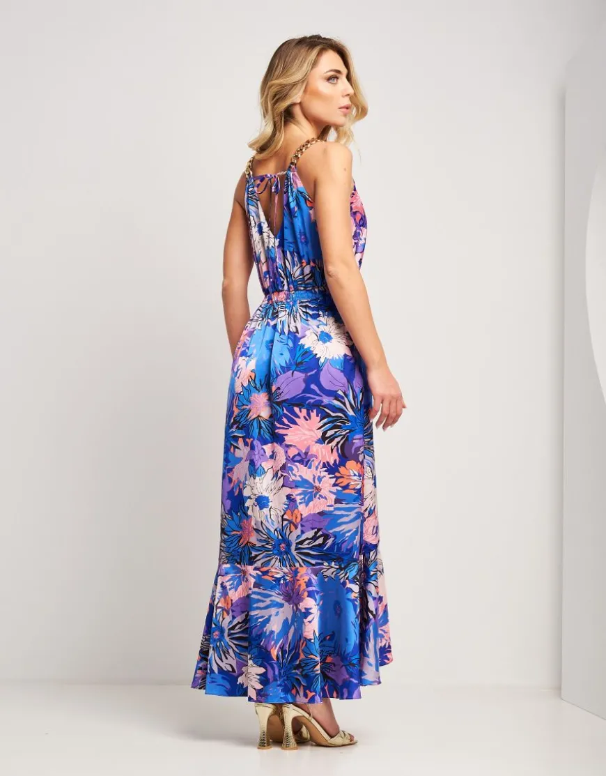 Vestito in raso fantasia con volant e catena