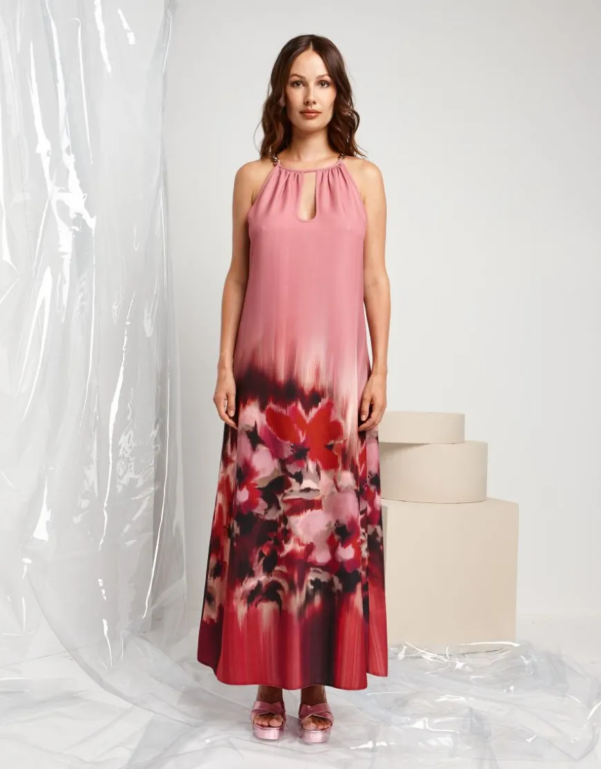 Vestito lungo in crêpe di raso fantasia