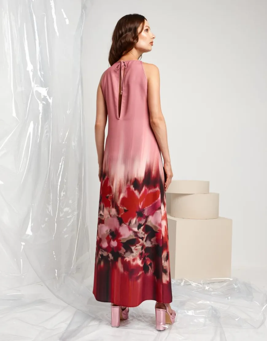Vestito lungo in crêpe di raso fantasia