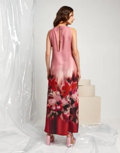 Vestito lungo in crêpe di raso fantasia