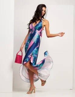 Vestito lungo in jersey fantasia con pietre