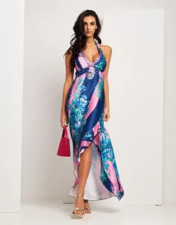 Vestito lungo in jersey fantasia con pietre