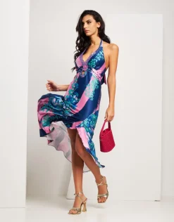 Vestito lungo in jersey fantasia con pietre