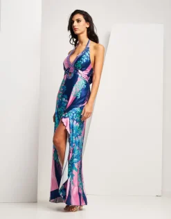 Vestito lungo in jersey fantasia con pietre