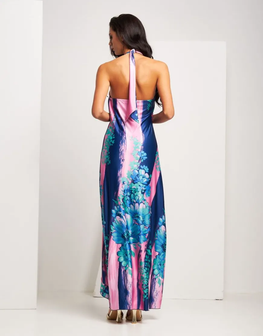 Vestito lungo in jersey fantasia con pietre