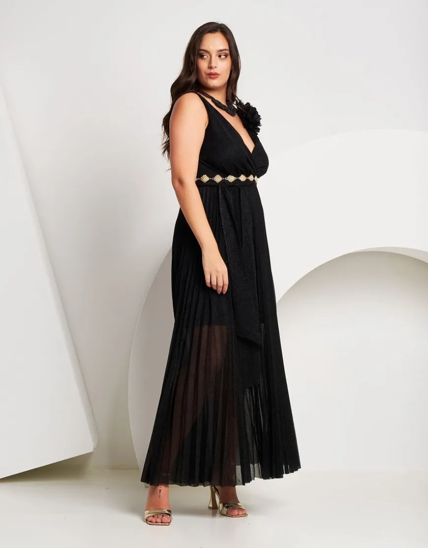 Vestito lungo in lurex con plissé